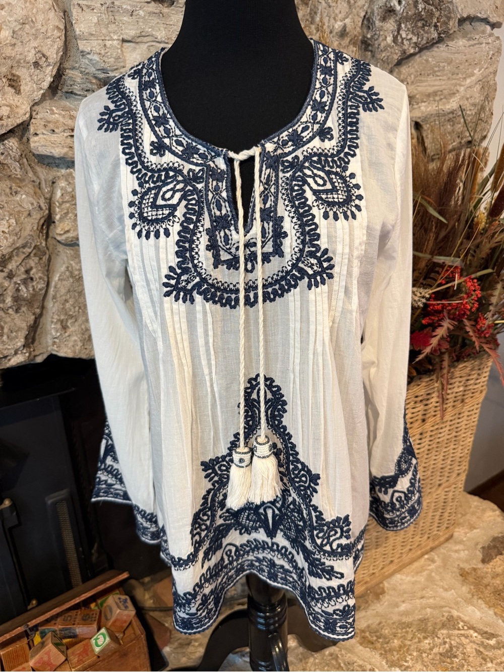 Chelsea & Violet White Tunic with Navy Embroidery and Tassel Tie